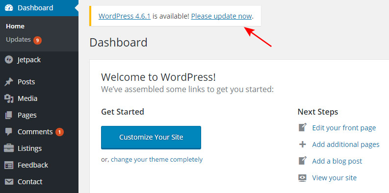wordpress update notice dashboard
