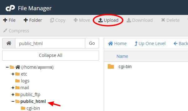 File Manager window in cPanel with Upload highlighted