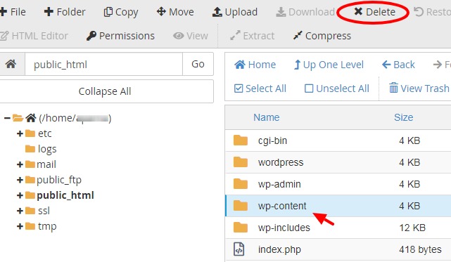 Delete wp-content folder in File Manager in cPanel