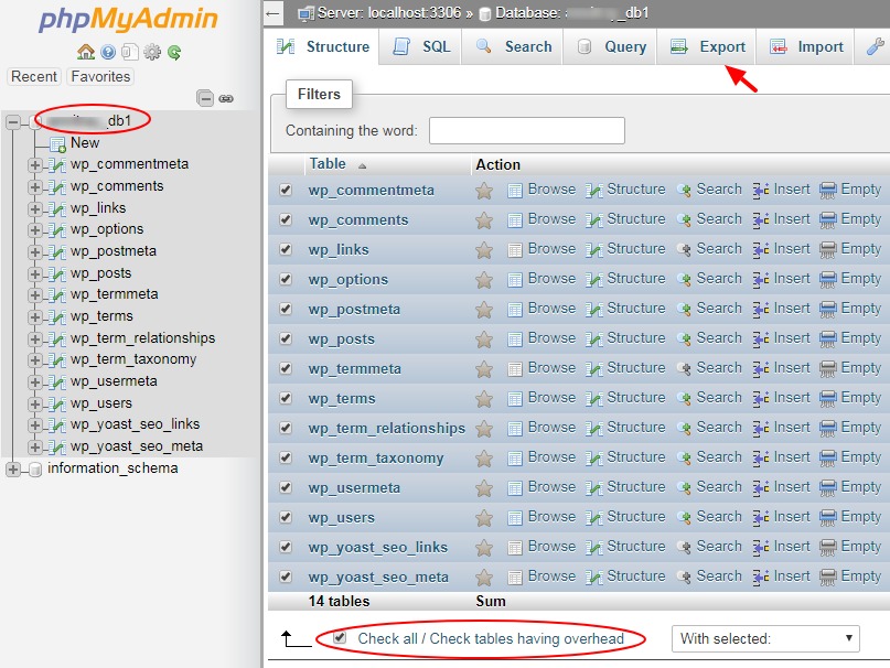 phpMyAdmin interface with export button highlighted