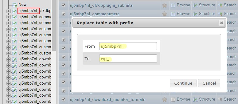 Replace table prefix in phpMyAdmin