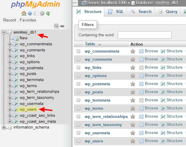 phpMyAdmin interface with wp_users table highlighted