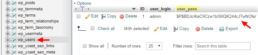 wp_users table in phpMyAdmin with password field highlighted