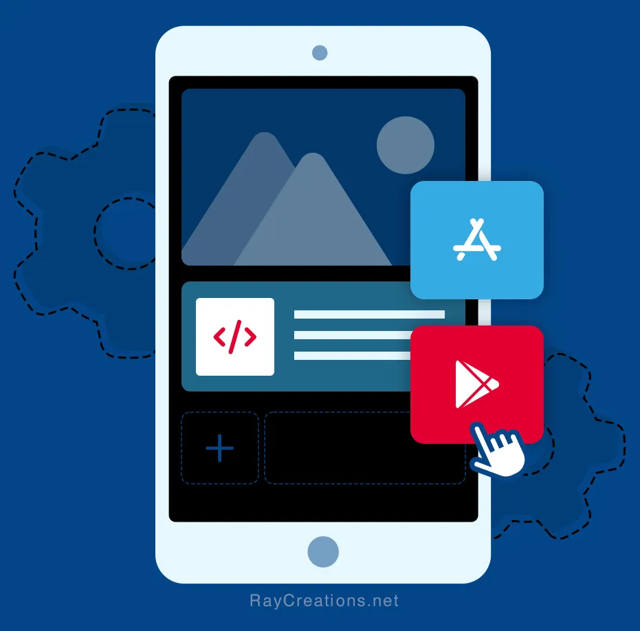 Mobile phone graphic with Play Store & Apple Store icons placed on it - depicting mobile app development.